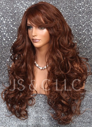 Human Hair Blend Heat OK Curly Long Wig Auburn mix Bangs Layered 33-130 NWT WBBT - Picture 3 of 7