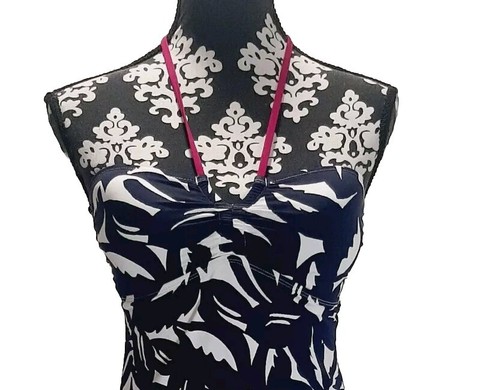 Tommy Bahama Swim Dress Blue White Leaf Pattern Fushia Halter Top Straps Sz XS - Picture 2 of 15