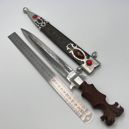 Coltello pugnale acciaio vintage fatto a mano spada lama decorativa manico bachelite fodero - Foto 8 di 8