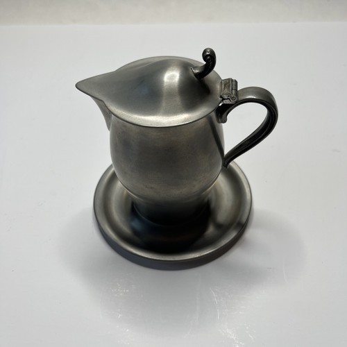 Lidded Pewter Cream Pitcher w/Underplate Vintage International Pewter - Picture 4 of 6