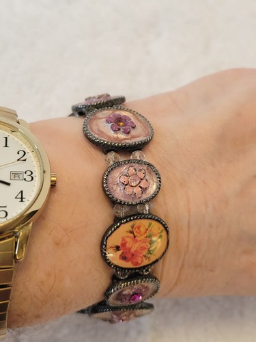 Alte Buchkette Armband bemalt Emaille Acryl Perlen Kamee Stil floral romantisch - Bild 3 von 9