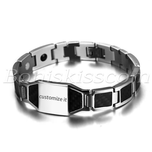 Men's Biker Stainless Steel Carbon Fiber Magnetic Bracelet Chain Free Engraving - Picture 4 of 19