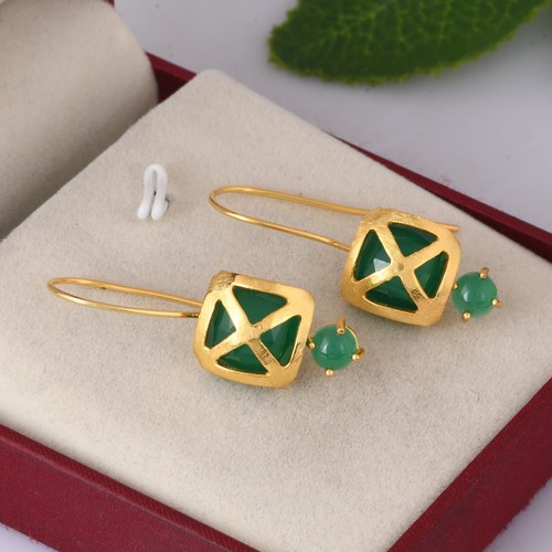 Green Onyx Set Turkish Style Designer Gold Long Hook Earring Jewelry Women Gifts - Picture 11 of 12