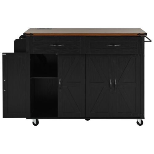 53.5'' Rolling Kitchen Island with Power Outlet, Drop Leaf and Spice Rack, Black - Picture 18 of 24