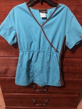 CHEROKEE 2500 Flexibles Women  s Mock Wrap Scrub Top TURQUOISE Brown Size X-SMALL