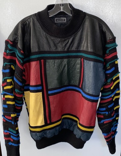 Vintage 80s Saxony Coogi Style Men’s Rainbow Leather & Acrylic Sweater XL Cosby