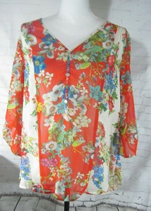 Fig-and-Flower-Top-Floral-Medium-Womens-Red-Blue-Yellow-Sheer-Roll-Tab-Sleeve