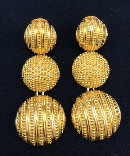 Vtg Large Christian Dior Gold Tone Round Hemisphere Dangle Drop Clip Earrings