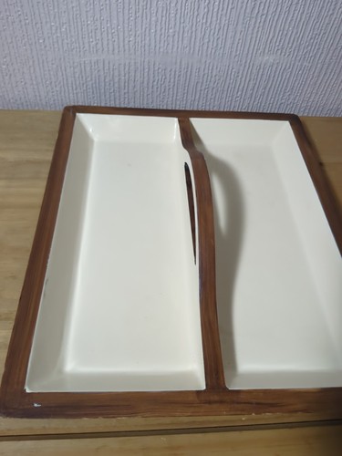 Vintage Simple Wooden Two Compartment Cutlery Tray With Handle - 32cm x 26.5cm - Picture 5 of 7