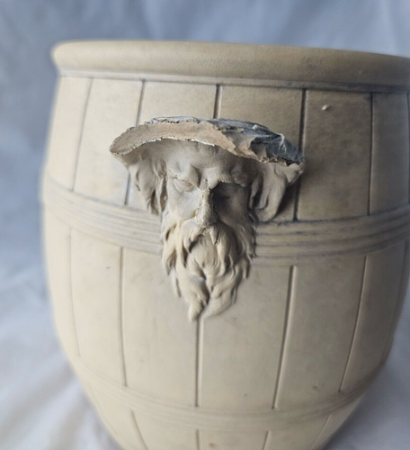 RARE EARLY WEDGWOOD CANEWEAR BARREL FORM LARGE JAR. MYTHICAL FACED HANDLES - Picture 7 of 17