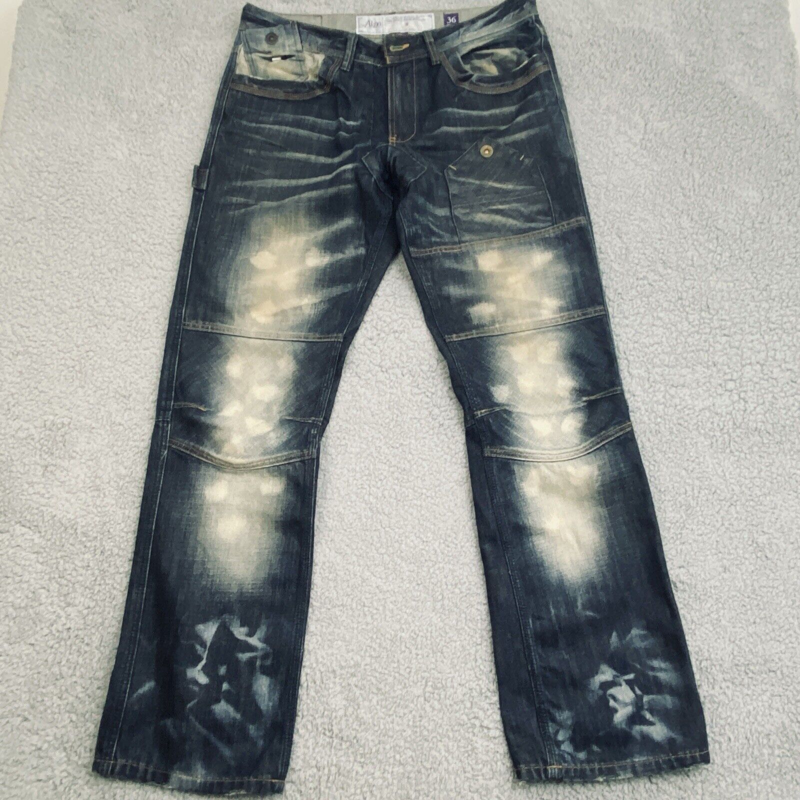 AKOO Jeans Mens 36 Distressed Dark Wash Denim Pants Bleached