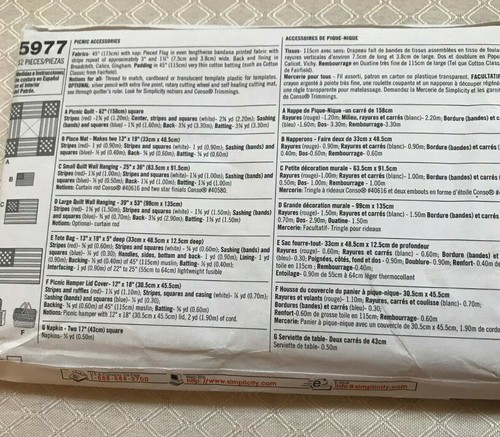 Simplicity Patriotic Quilted Picnic Accessories Pattern #5977 UNCUT Wall hanging - Picture 2 of 3