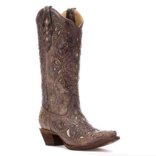 LADIES CORRAL COWGIRL BOOTS BROWN STUDDED WITH CREAM INLAY A1098 NIB LADIES CORRAL COWGIRL BOOTS BROWN STUDDED STUDDED STUDDED WITH CREAM INLAY A1098 NIB 3f29b4
