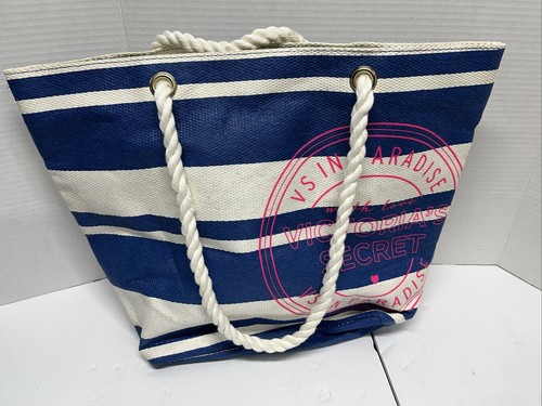 Victoria Secret Blue/White Stripes Canvass Beach Tote Bag Rope Handle 17"x13" - Picture 1 of 6