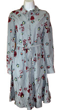 Valentino sz 44/M Green Floral 100% Silk Long Sleeve Button-Up A-Line Midi Dress