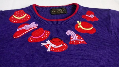 Maglione maglia viola Maurada donna taglia M-L cappelli ricamati e applicati - Foto 4 di 12