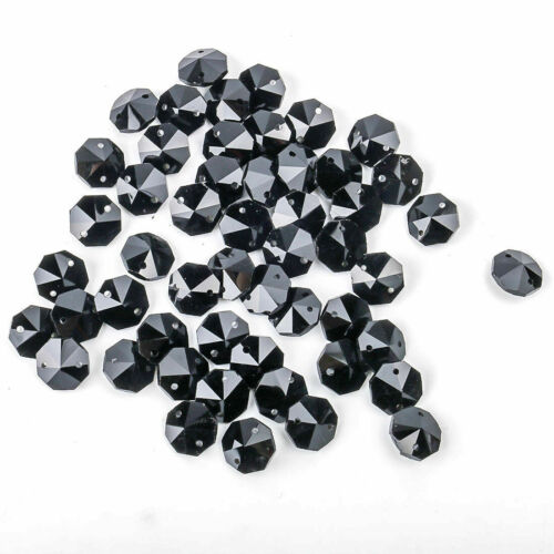 50pcs Black Crystal Faceted 2 Hole Octagon Chandelier Parts Glass Beads 14mm - Picture 2 of 5