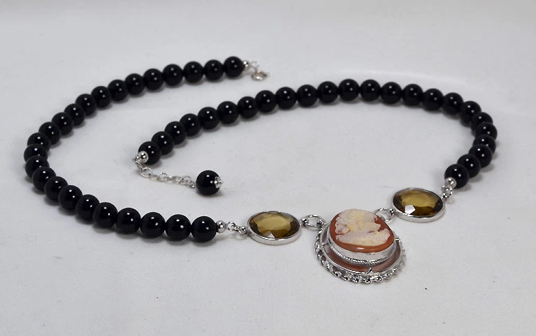 Collar Plata Camafeo Cornalina Ovalados Ónix Y Cuarzo Ahumado Redondo -agln 0143 - Imagen 2 de 3