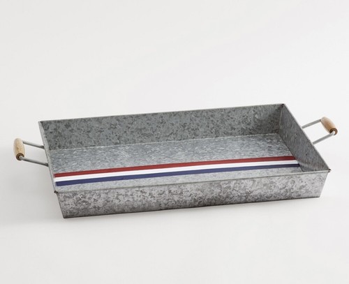 Galvanized Americana Rectangle Tray with Wooden Handles - Picture 3 of 3