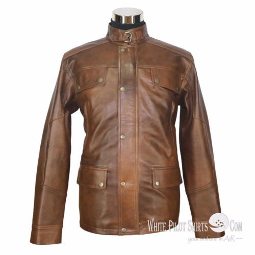 Marron En Veste 4 Moto Pour Antique Hommes Bombardier Style Vintage Cuir Poches zdwq6