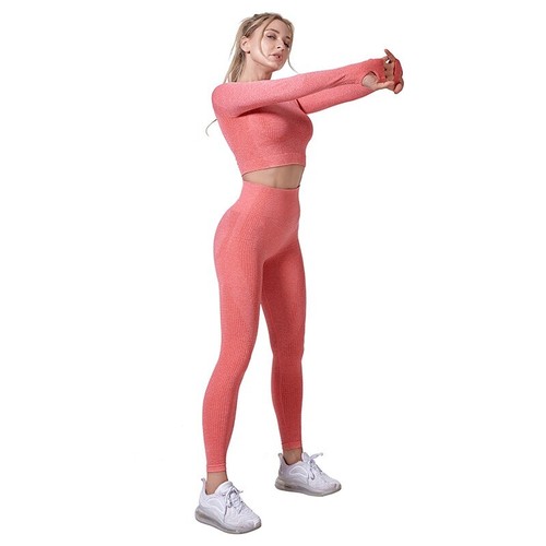 Women's 2 Piece Seamless Outfits Long Sleeve Crop Tops Yoga Leggings Workout Set - Picture 70 of 71