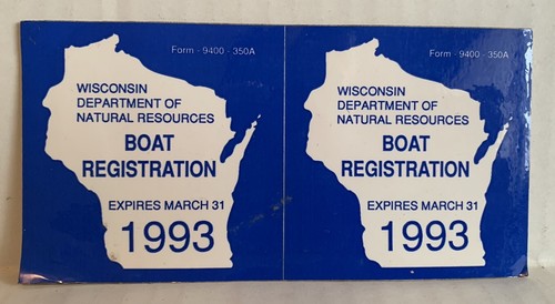 Vintage 1993 UNUSED Wisconsin DNR Boat Registration Stickers FORM-9400-350A