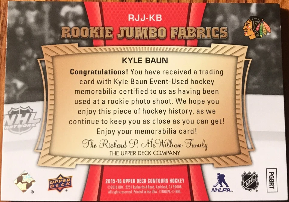 2015-16 Upper Deck Contours Rookie Jumbo Fabrics Kyle Baun RJJ-KB - Image 2 of 2