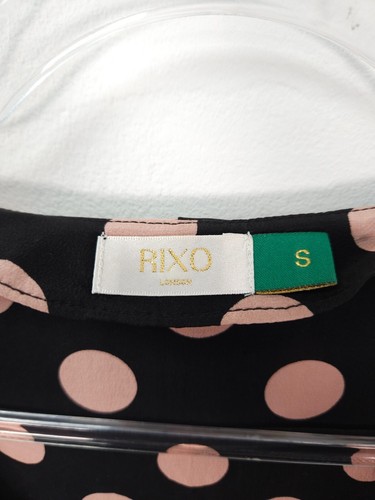 Rixo Blouse Small Jane Polka Dot Top Black Peach Ruffle Bell Sleeves 100% Silk - Picture 2 of 10