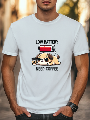 Funny Low Battery Coffee Cute Sleepy Dog Graphic Unisex T-Shirt Women Men Tee - Picture 2 of 7