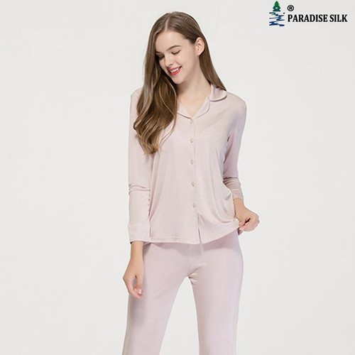 Women Silk Knit Pajamas Set Long Sleeve Top and Bottom Set Solid - Picture 8 of 9