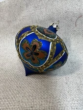 Baroque Blue Gold Beaded Glass Christmas Ornaments VTG Floral Victorian Luxe