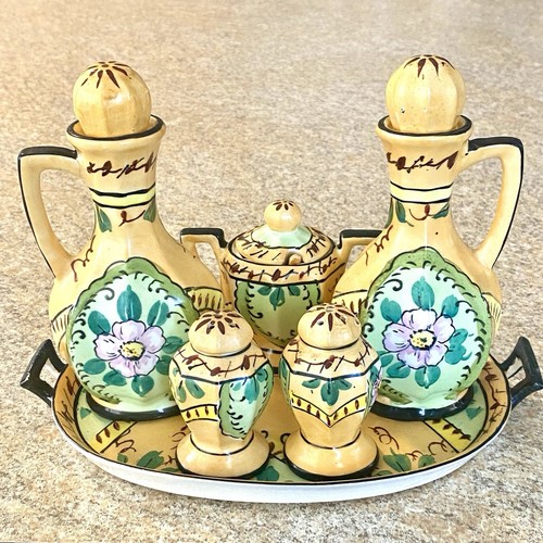 Charming Mid Century Ceramic Oil Vinegar Mustard Salt Pepper Cruet set w/Tray - Picture 15 of 15