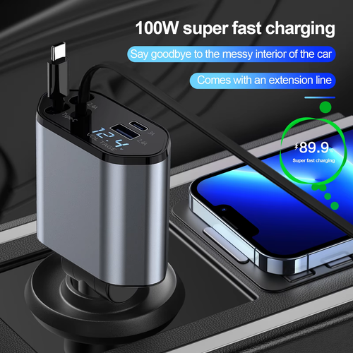 Cargador Coche 4 en 1 Retráctil, Carga Rápida 100W con 2 Puertos USB, I Retráctil - Imagen 3 de 13
