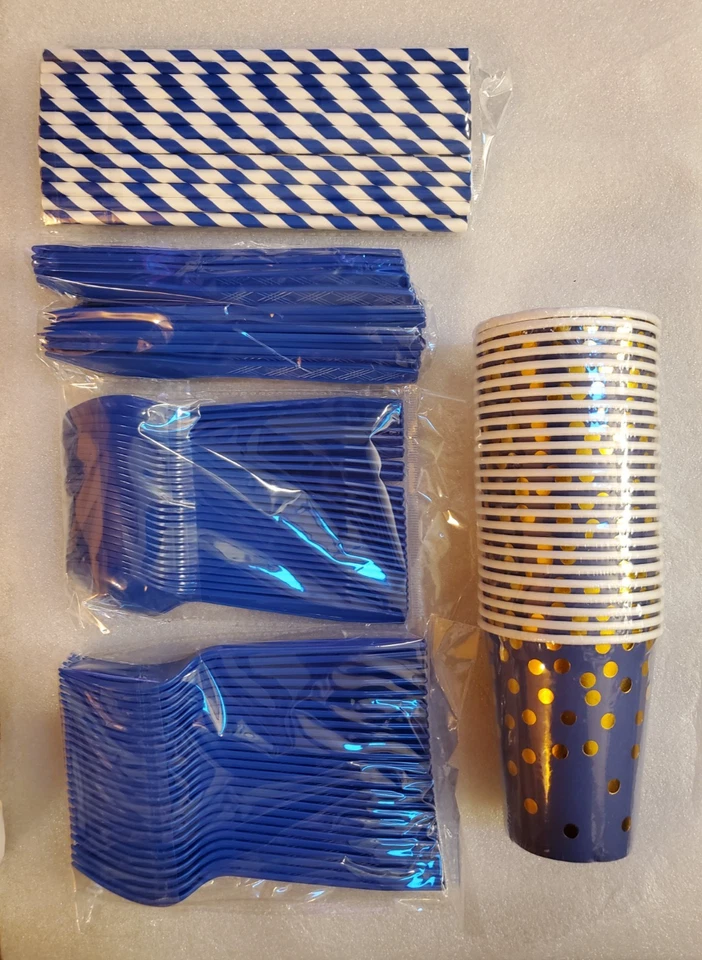 270 Piezas Suministros Fiesta Graduación con Juego Vajilla Desechable Azul y Dorado Foto 2 de 4