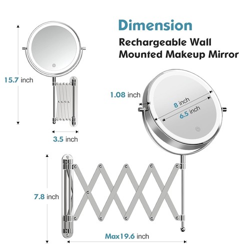 Extendable 19.6" Bathroom Mirror - Rechargeable Wall Mounted - Picture 9 of 11