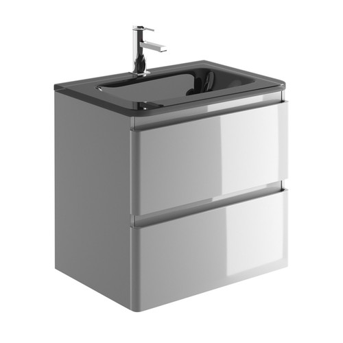 600mm Grey Gloss Vanity Unit Bathroom Wall Hung Grey Glass Sink 2 Drawer - Picture 3 of 9