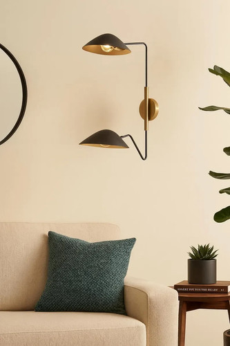 Mid-Century Modern Double Wall Sconce – Black & Brass Adjustable Light Fixture f - Picture 1 of 5