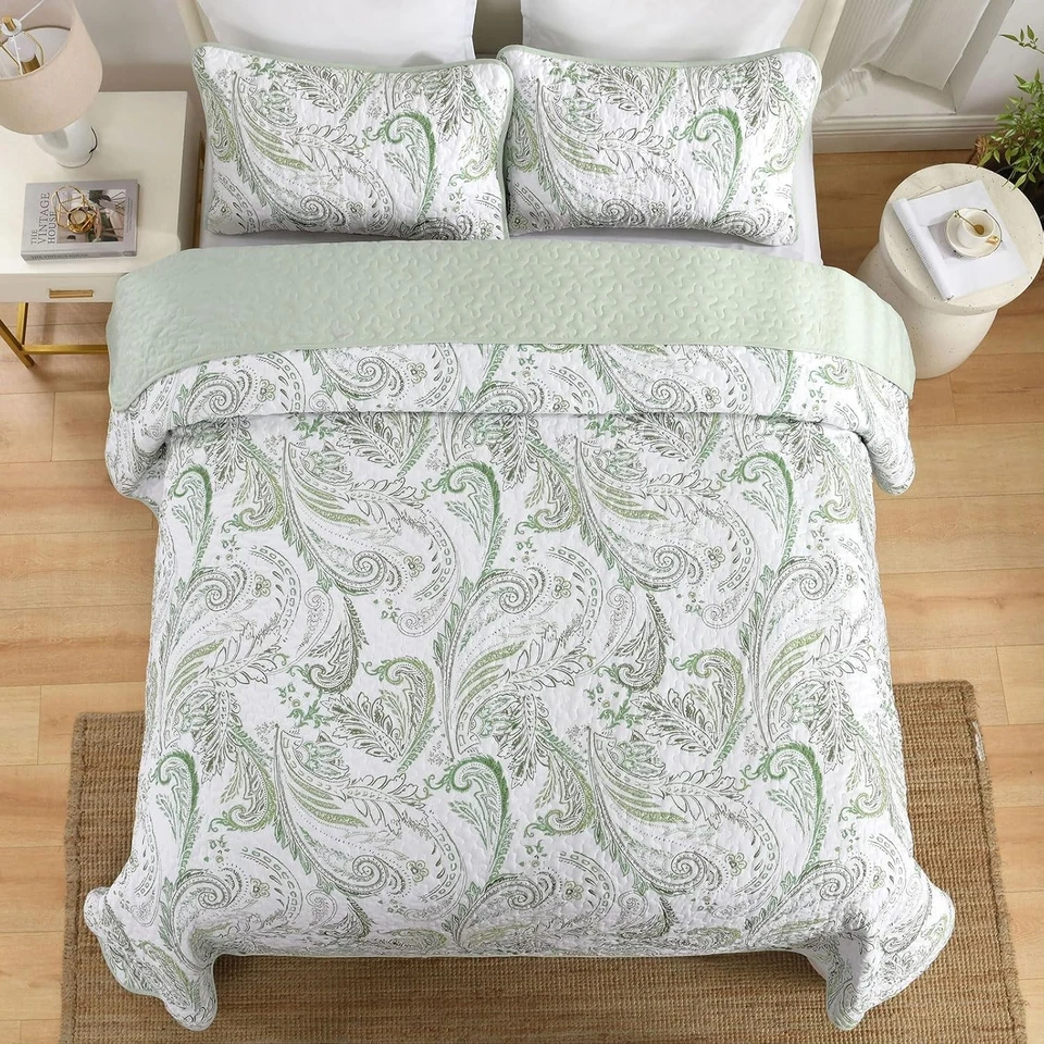 Juego de Edredón Boho WONGS Queen, Verde Paisley Queen (96W&#xD7;90L), Verde  Foto 3 de 4