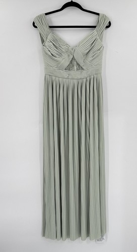ASOS Formal Maxi Dress Bridesmaid Sage Green Pleated Lace Off Shoulder US 8P - Picture 2 of 13