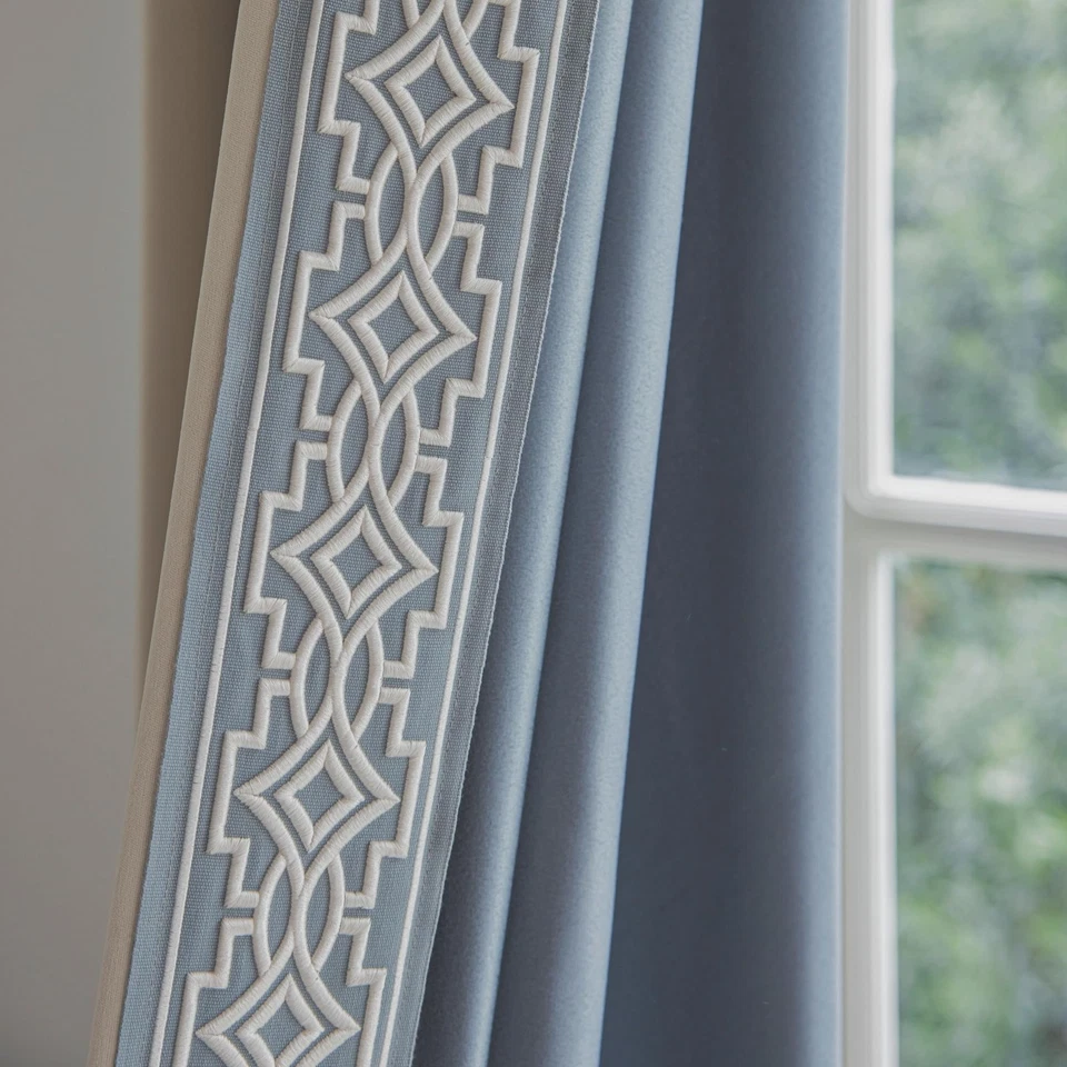 Paneles de cortina de mezcla de algodón crema con diseño de adornos, cortinas plisadas de pellizco, azul... Foto 4 de 4