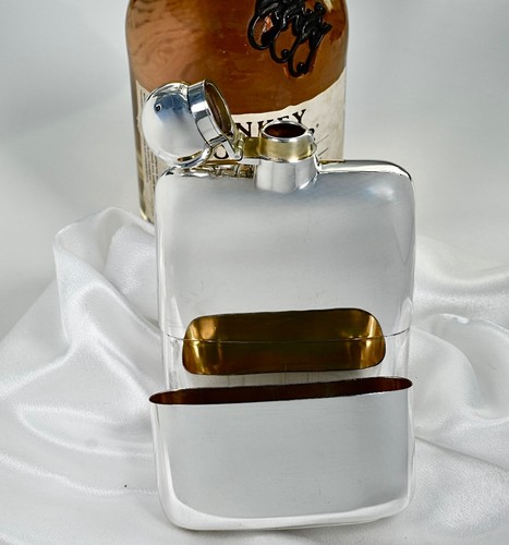 Hervorragender großer Sterlingsilber Flachmann abnehmbare vergoldete Tasse, James Dixon 1933:326 g - Bild 10 von 21