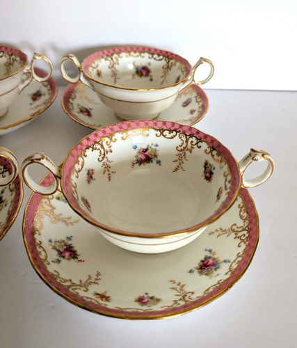(4) Cauldon England for Burley & Co. Pink Roses Bouquet Gold Cream Soup Sets - Picture 3 of 11