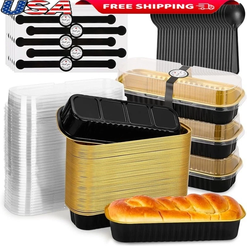 Disposable Mini Loaf Cake Pans 60 Pack W/ Lids Spoons Stickers Oven Safe New