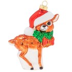 Kat + Annie 5" Jolly Reindeer Calf in Santa Hat Glass Christmas Ornament