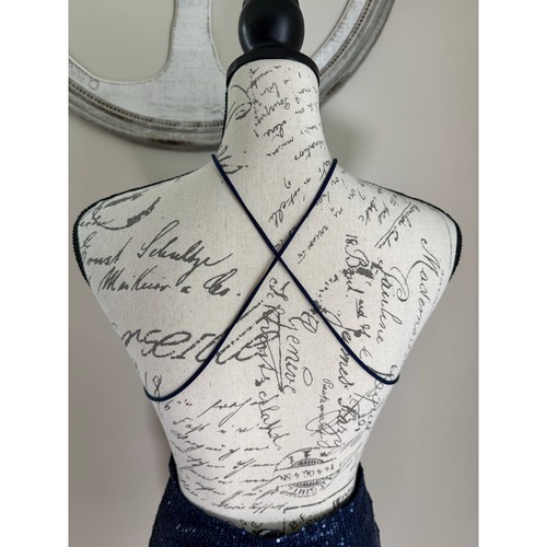 Navy Blue Sequin Mini Dress Size L Halter Neck Open Back Stretchy Party Cocktail - Picture 7 of 7
