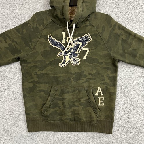 American Eagle Hoodie Mens Medium Green Camo Hooded Drawstring Big Logo Y2K - Picture 3 of 24