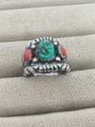 Vintage Sterling Silver Big Navajo Turquoise & Coral Ring Size 10.5