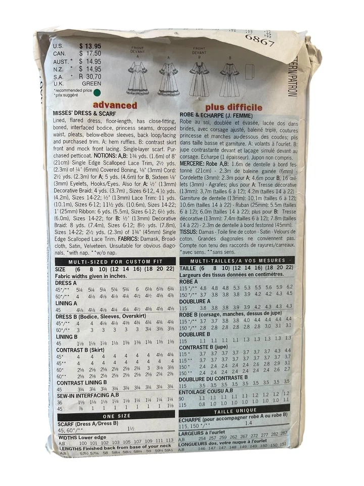 Butterick 6867 Vintage Misses' Dress & Scarf Sewing Pattern 12-16 - Image 2 of 2