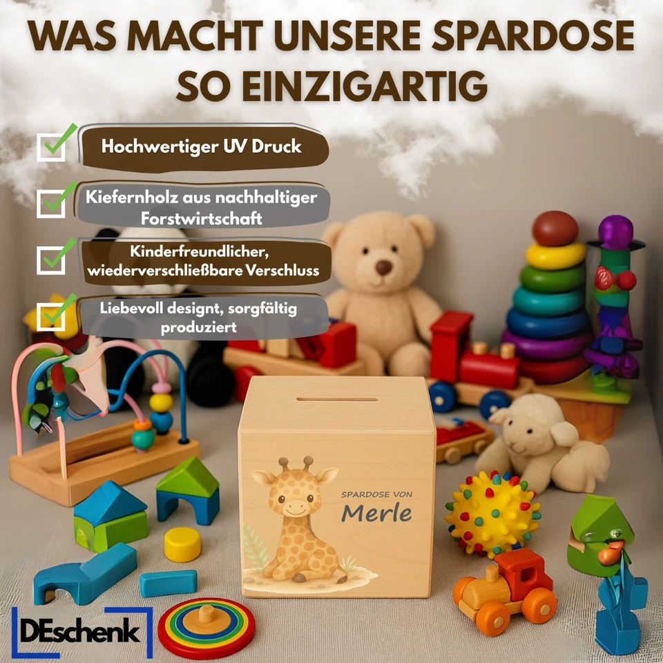 Money Box Safari Animals Personalised Wooden Name Gift Christening Birth Baby Box - Image 2 of 4