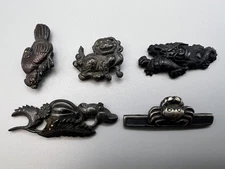 Edo Meiji Kinko Tsuba 5 Piece Lion Dragon Crab Inlay Gold Silver Art